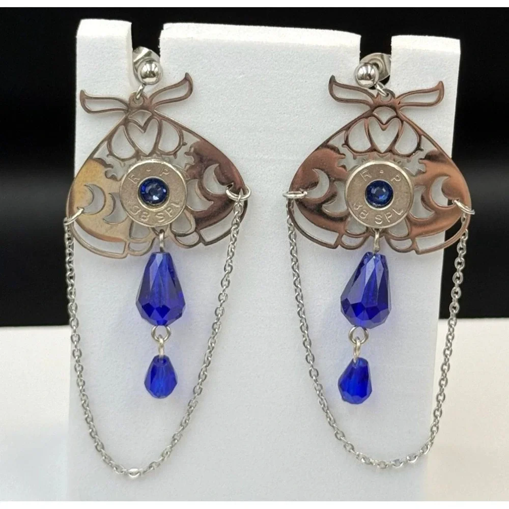 Vintage Womens silver Tone Chain‎ Blue Beaded Fashion Dangle/Drop Earrings